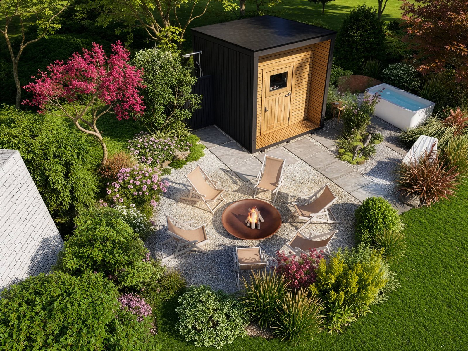Japanese-inspired sauna garden in New York with sauna, fire pit, outdoor tub and natural planting